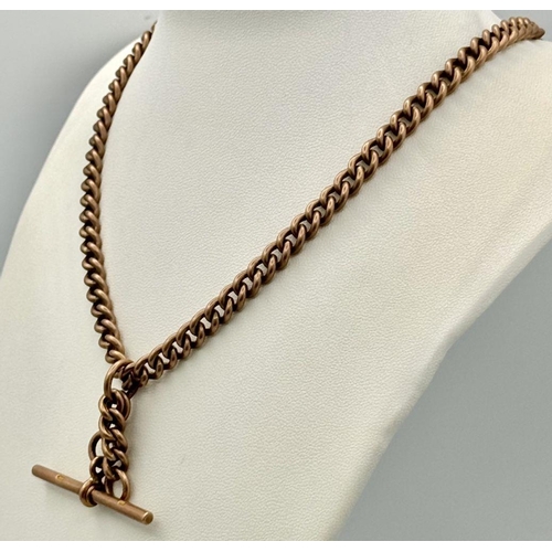 3 - AN ANTIQUE 9K ROSE GOLD WATCH CHAIN WITH 2 CLASPS AND T-BAR .    41cms     54.6gms