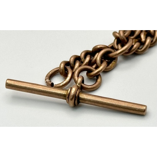 3 - AN ANTIQUE 9K ROSE GOLD WATCH CHAIN WITH 2 CLASPS AND T-BAR .    41cms     54.6gms