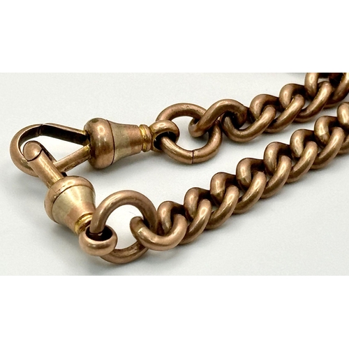 3 - AN ANTIQUE 9K ROSE GOLD WATCH CHAIN WITH 2 CLASPS AND T-BAR .    41cms     54.6gms