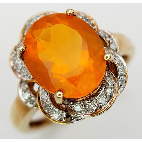 323 - A 9K YELLOW GOLD APPROX 3CT FIRE OPAL & DIAMOND RING. 3.8G, SIZE O. Ref: JB 7005