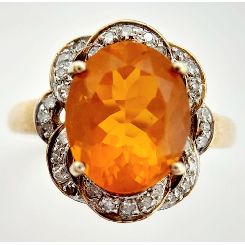 323 - A 9K YELLOW GOLD APPROX 3CT FIRE OPAL & DIAMOND RING. 3.8G, SIZE O. Ref: JB 7005