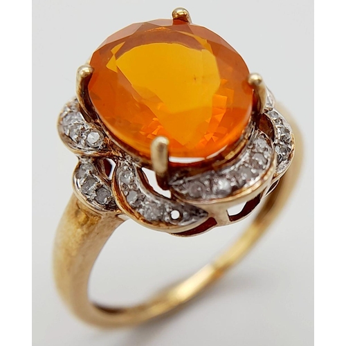 323 - A 9K YELLOW GOLD APPROX 3CT FIRE OPAL & DIAMOND RING. 3.8G, SIZE O. Ref: JB 7005