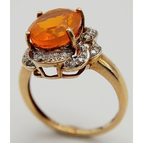 323 - A 9K YELLOW GOLD APPROX 3CT FIRE OPAL & DIAMOND RING. 3.8G, SIZE O. Ref: JB 7005