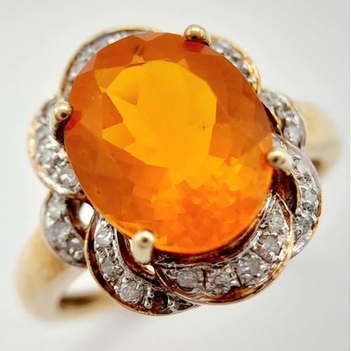 323 - A 9K YELLOW GOLD APPROX 3CT FIRE OPAL & DIAMOND RING. 3.8G, SIZE O. Ref: JB 7005