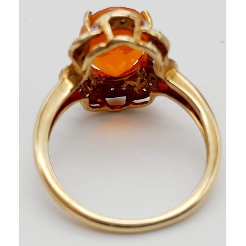 323 - A 9K YELLOW GOLD APPROX 3CT FIRE OPAL & DIAMOND RING. 3.8G, SIZE O. Ref: JB 7005