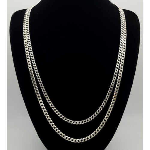 415 - Two Attractive Solid Silver 925 Curb Chain Necklaces, Total wright: 35.4 grams, 53 and 62 cm. Both i... 