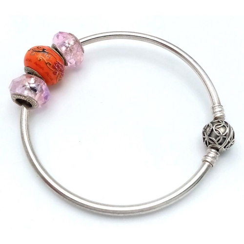 42 - Genuine PANDORA SILVER BANGLE and CHARMS. having fancy Boules Clasp with full SILVER PANDORA hallmar... 