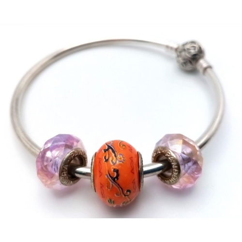 42 - Genuine PANDORA SILVER BANGLE and CHARMS. having fancy Boules Clasp with full SILVER PANDORA hallmar... 