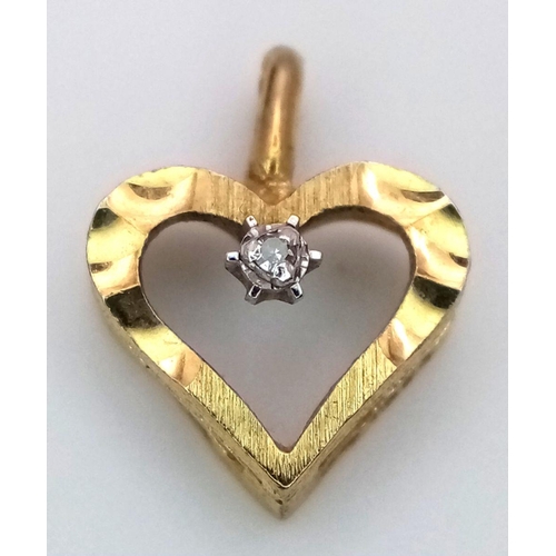 420 - Beautiful Dainty 9 carat GOLD PENDANT. Heart shaped with Star Mounted DIAMOND. 1.5 cm drop.