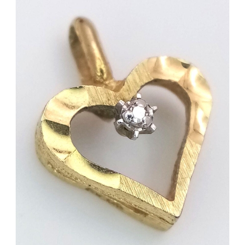 420 - Beautiful Dainty 9 carat GOLD PENDANT. Heart shaped with Star Mounted DIAMOND. 1.5 cm drop.