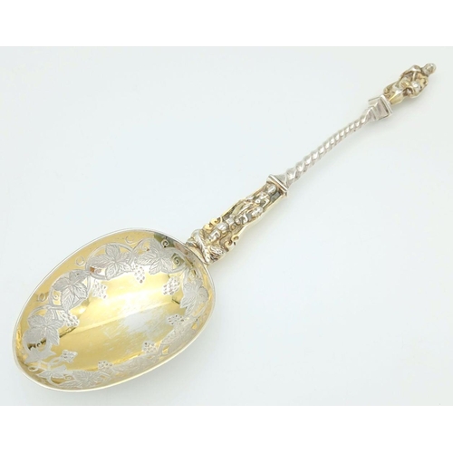 434 - Large  Victorian anointing style SILVER SPOON. Having GOLD PLATED BOWL with twist handle. Clear Hall... 