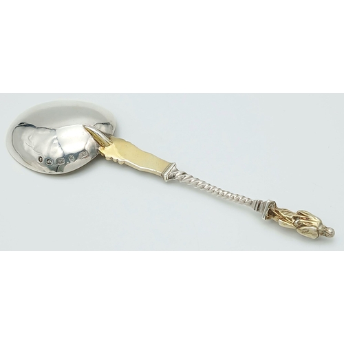 434 - Large  Victorian anointing style SILVER SPOON. Having GOLD PLATED BOWL with twist handle. Clear Hall... 