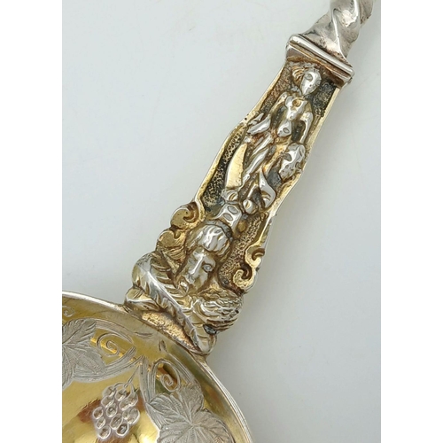 434 - Large  Victorian anointing style SILVER SPOON. Having GOLD PLATED BOWL with twist handle. Clear Hall... 