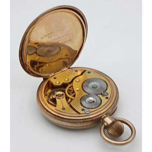 442 - A VINTAGE WALTHAM GOLD PLATED POCKET WATCH IN GOOD WORKING ORDER AND IN ITS ORIGINAL CASE,