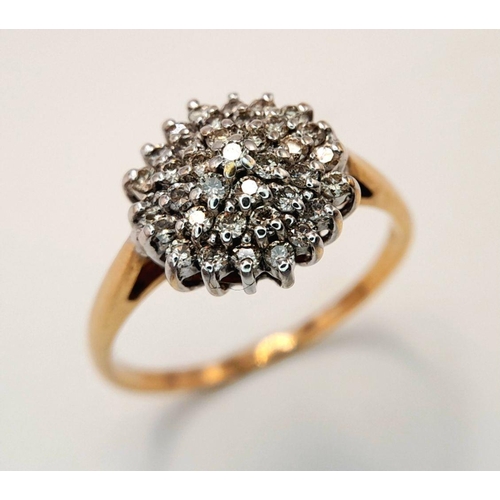 547 - A 9k yellow gold diamond cluster ring, 0.20ct diamond weight, 2.5g total weight, size Q 1/2. Ref: 77... 