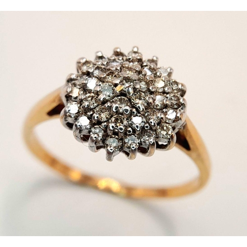 547 - A 9k yellow gold diamond cluster ring, 0.20ct diamond weight, 2.5g total weight, size Q 1/2. Ref: 77... 