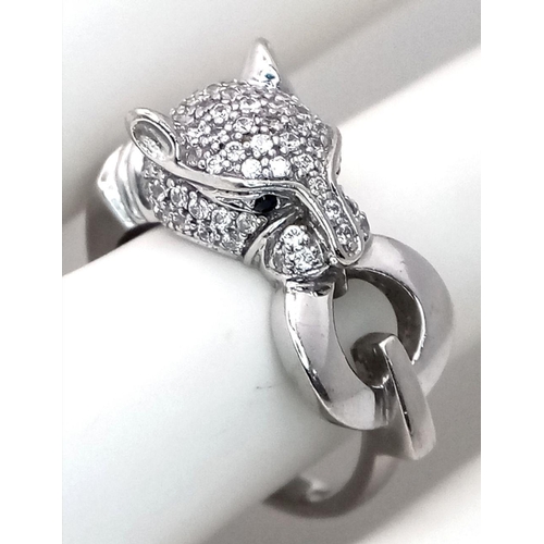 6 - A 14K WHITE GOLD DIAMOND SET PANTHER RING. 7.1G, SIZE N. Ref: TAN 7012