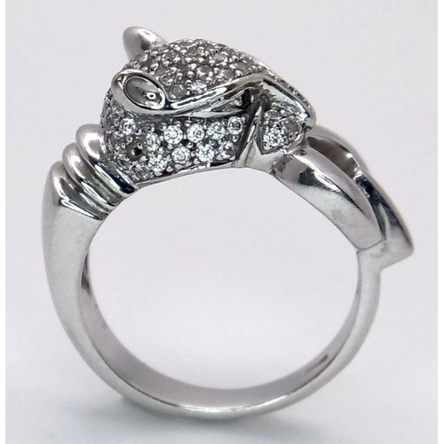 6 - A 14K WHITE GOLD DIAMOND SET PANTHER RING. 7.1G, SIZE N. Ref: TAN 7012