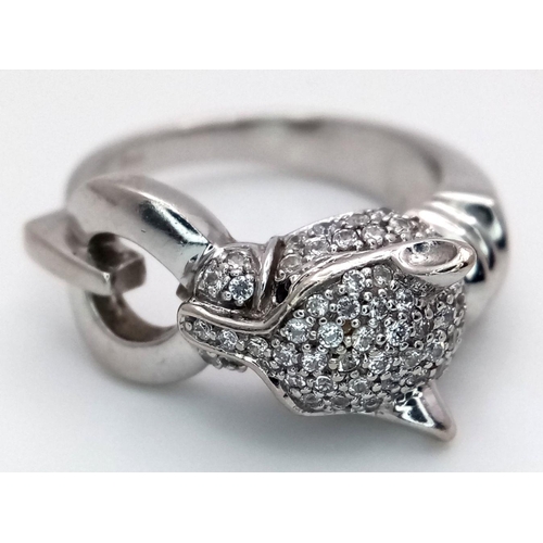 6 - A 14K WHITE GOLD DIAMOND SET PANTHER RING. 7.1G, SIZE N. Ref: TAN 7012