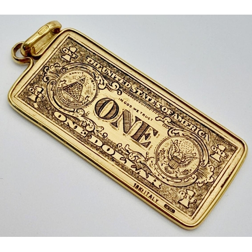 79 - AN 18K YELLOW GOLD US ONE DOLLAR NOTE PENDANT. BESPOKE MADE. 5.4G, 4.5CM LENGTH. Ref: TAN 7008