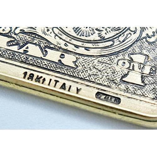 79 - AN 18K YELLOW GOLD US ONE DOLLAR NOTE PENDANT. BESPOKE MADE. 5.4G, 4.5CM LENGTH. Ref: TAN 7008