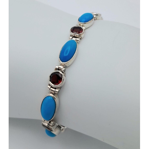 822 - A Sterling Silver Garnet and Turquoise Bracelet- 20cm Length. Gross Weight 9.78 Grams