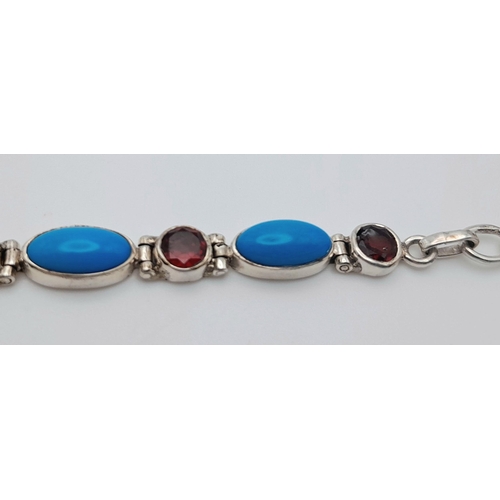 822 - A Sterling Silver Garnet and Turquoise Bracelet- 20cm Length. Gross Weight 9.78 Grams