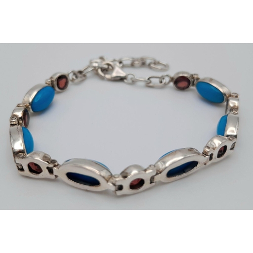 822 - A Sterling Silver Garnet and Turquoise Bracelet- 20cm Length. Gross Weight 9.78 Grams