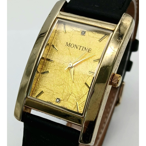 161 - Gentleman’s ‘MONTINE’ QUARTZ WRISTWATCH. Having large square face set with 24 Carat GOLD LEAF and DI... 