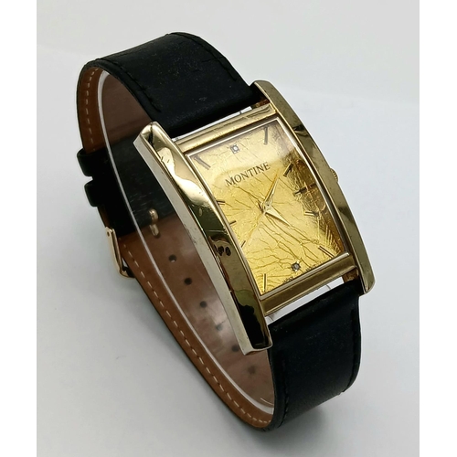 161 - Gentleman’s ‘MONTINE’ QUARTZ WRISTWATCH. Having large square face set with 24 Carat GOLD LEAF and DI... 