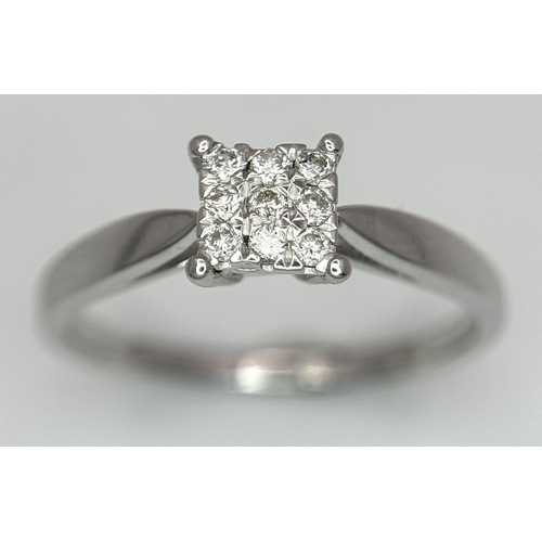 267 - A 18k white gold diamond square cluster ring, 0.15ct diamond weight, 3g total weight, size O. Ref: 2... 