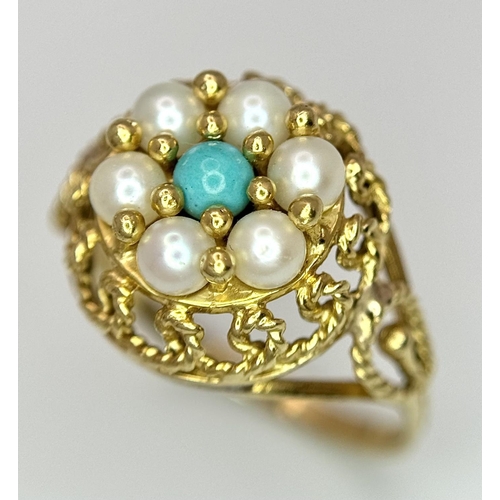 281 - A 14k yellow gold pearl and turquoise ring, 3g total weight, size K. Ref: 8643H