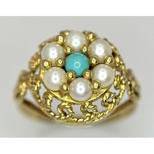 281 - A 14k yellow gold pearl and turquoise ring, 3g total weight, size K. Ref: 8643H