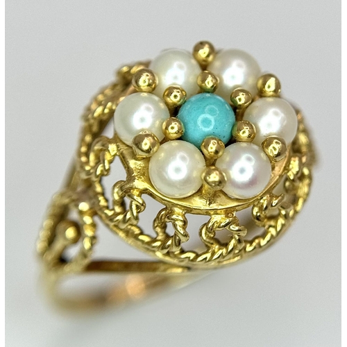 281 - A 14k yellow gold pearl and turquoise ring, 3g total weight, size K. Ref: 8643H