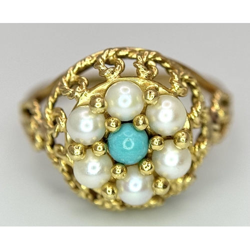 281 - A 14k yellow gold pearl and turquoise ring, 3g total weight, size K. Ref: 8643H