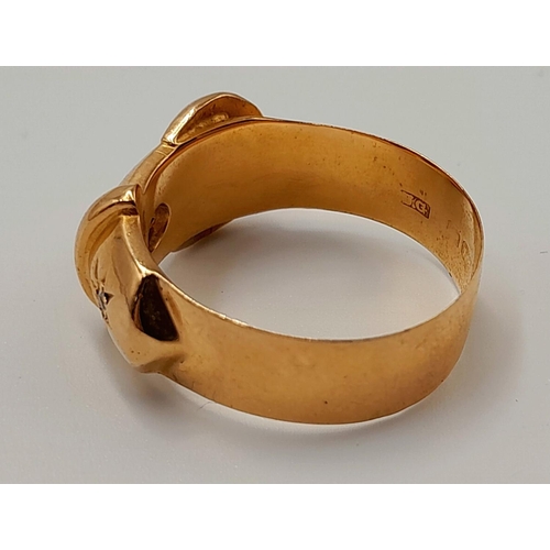 38 - A GENTS 18K GOLD BELT BUCKLE RING WITH 2 DIAMONDS .  6gms    size T    (A PERFECT PINKY RING)