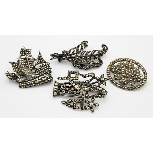 429 - Four Vintage Brooches, Solid Silver 925, Marcasite Style, Total weight: 37.3 grams. All in very good... 