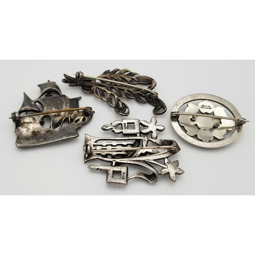 429 - Four Vintage Brooches, Solid Silver 925, Marcasite Style, Total weight: 37.3 grams. All in very good... 