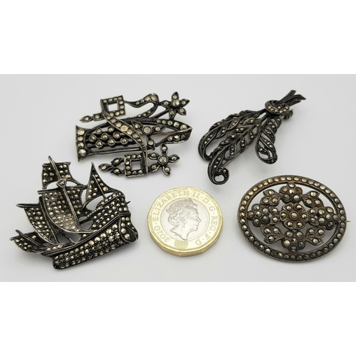 429 - Four Vintage Brooches, Solid Silver 925, Marcasite Style, Total weight: 37.3 grams. All in very good... 