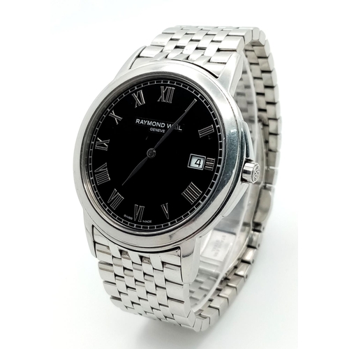 440 - A RAYMOND WEIL STEEL BRACELET WATCH BLACK DIAL FULL WORKING ORDER. Ref: A/S NN 4