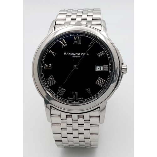 440 - A RAYMOND WEIL STEEL BRACELET WATCH BLACK DIAL FULL WORKING ORDER. Ref: A/S NN 4