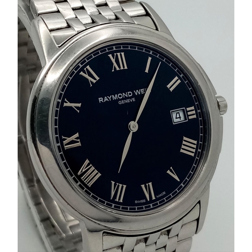 440 - A RAYMOND WEIL STEEL BRACELET WATCH BLACK DIAL FULL WORKING ORDER. Ref: A/S NN 4