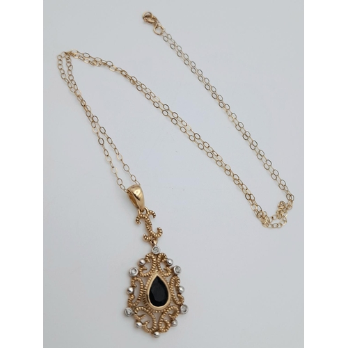 549 - A Vintage 9 Carat Yellow Gold Art Nouveau Filigree Design Sapphire and Diamond Pendant Necklace-40cm... 