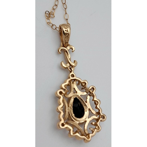 549 - A Vintage 9 Carat Yellow Gold Art Nouveau Filigree Design Sapphire and Diamond Pendant Necklace-40cm... 