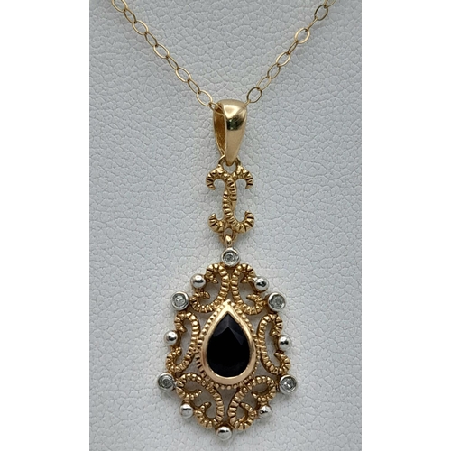 549 - A Vintage 9 Carat Yellow Gold Art Nouveau Filigree Design Sapphire and Diamond Pendant Necklace-40cm... 