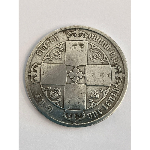 875 - 1873 SILVER GOTHIC FLORIN. Worn/fair condition. Could use a gentle clean. Please see pictures.