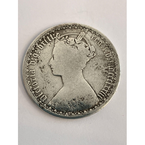 875 - 1873 SILVER GOTHIC FLORIN. Worn/fair condition. Could use a gentle clean. Please see pictures.