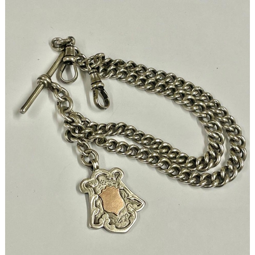 1047 - An Antique silver double Albert watch chain with silver fob , 57.4 grams, 41cm in length.