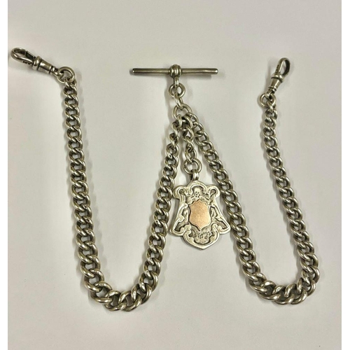 1047 - An Antique silver double Albert watch chain with silver fob , 57.4 grams, 41cm in length.