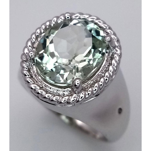 1011 - A Sterling Silver Green Tourmaline and Diamond Set Ring Size N. The Ring is Set with a Large 1.3cm L... 